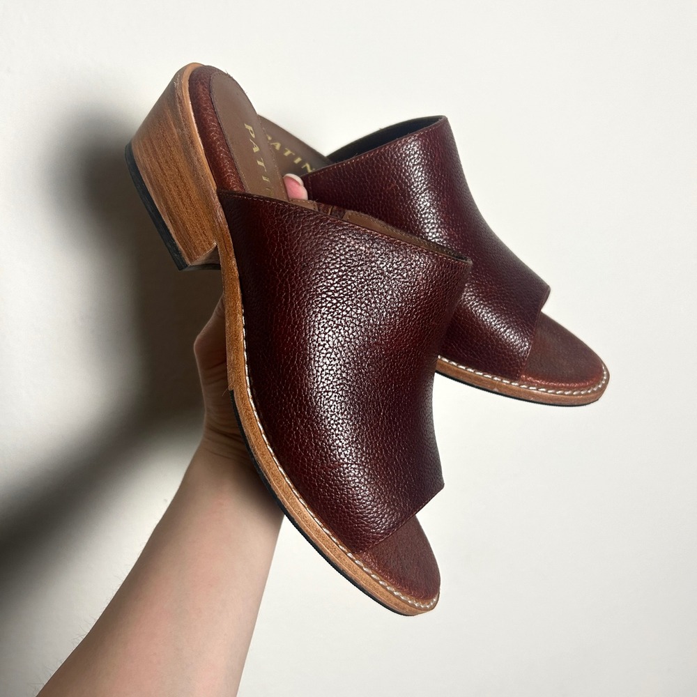 Patina Nut Brown Leather Stacked Heel Open Toe Mule Slide Sandals Womens 6.5
